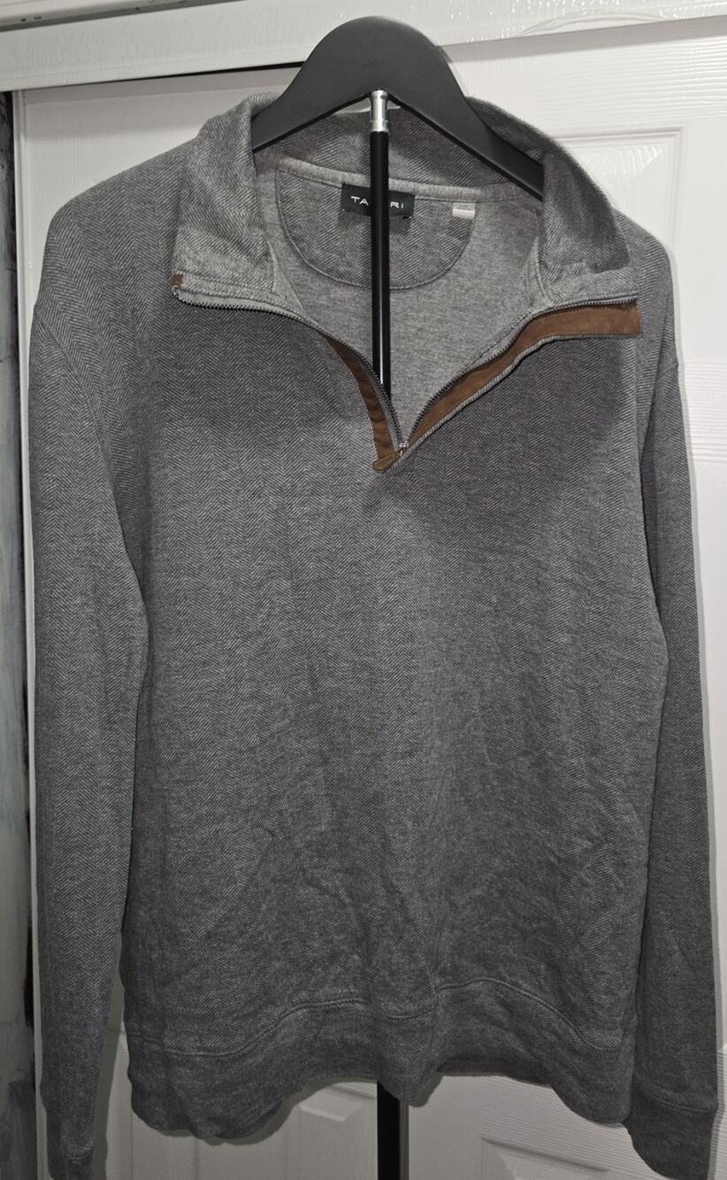 Mens Tahari Herringbone Grey 1/4 Zip Sweater Size Large